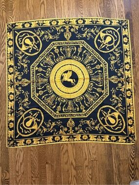 WATHNE 100% Silk Scarf - Baroque Pegasus Print Black Gold - Approx 35" Vintage